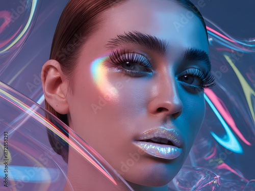 Radiant Vision: A woman's face, illuminated with creative makeup and a mesmerizing interplay of light and shadow, invites the viewer to appreciate her exquisite beauty.