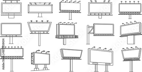 Assortment of outdoor billboard structures and advertising display designs.