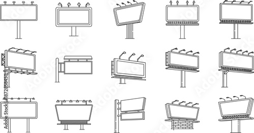 Collection of diverse billboard designs and advertising structures for outdoor marketing.