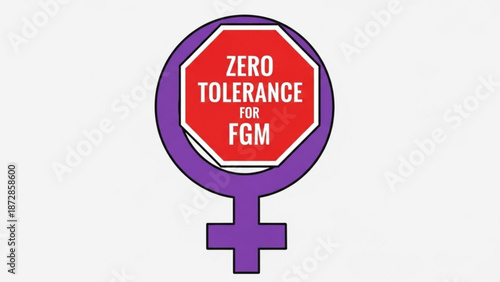 Zero tolerance for female genital mutilation symbol with purple female sign and red stop sign with feminism and gender equality and human rights