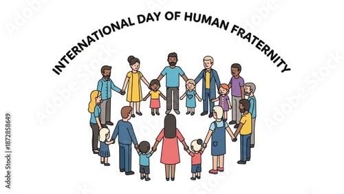 Diverse group of people holding hands in a circle on international day of human fraternity with unity and humanity and diversity and inclusion