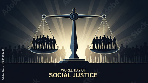 World day of social justice illustration with scale balancing people with equality and balance and scales and fairness and equity and human rights