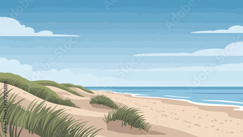 Coastal Serenity: A scenic coastal view with rolling sand dunes covered in coastal grasses, overlooking a calm, vast ocean and a bright blue sky with fluffy clouds.