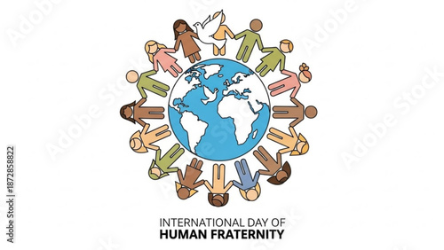 Diverse people from around the world holding hands in unity around a blue and white globe on international day of human fraternity with diversity