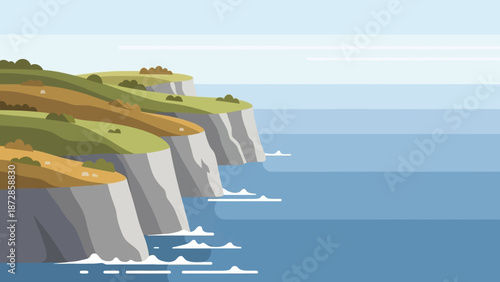 Coastal Cliffs: A serene coastal scene depicting majestic cliffs cascading into the expansive ocean under a clear, bright sky. A picturesque view that captures the beauty of nature.