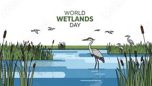 World wetlands day illustration with herons and cattails in a serene wetland landscape with water and lush greenery with nature and conservation