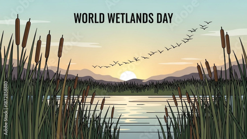 World wetlands day illustration with serene lake landscape and flying birds at sunset with cattails and birds flying and serene landscape and nature