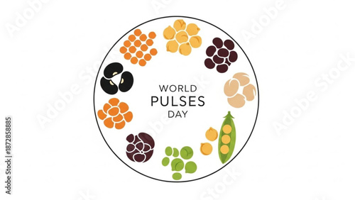 World pulses day celebration with various colorful legumes and beans arranged in a circle with healthy eating and nutrition and vegetarian and vegan