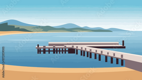 Coastal Serenity: A scenic landscape features a pier extending into a calm ocean, embraced by gentle hills and a tranquil sky, embodying peace and natural beauty.