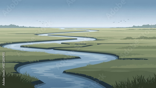 Winding River in the Meadow: A serene vista unfolds, with a river gracefully meandering through a verdant meadow under a tranquil, cloudy sky. Witness the beauty of untouched nature.