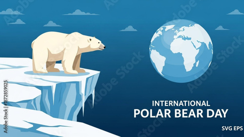 International polar bear day awareness illustration with polar bear on melting iceberg and earth globe in background with climate change and global warming