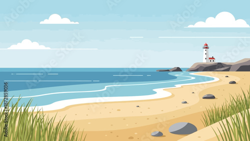 Coastal Panorama: Serene seascape featuring a lighthouse on a rocky outcrop, sandy beach, and clear skies, all rendered in a clean and appealing aesthetic.