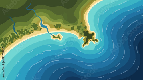 Coastal Serenity: An eye-level aerial perspective of a coastal landscape reveals the tranquil meeting of land and sea. Soft sand beaches yield to the refreshing waves.