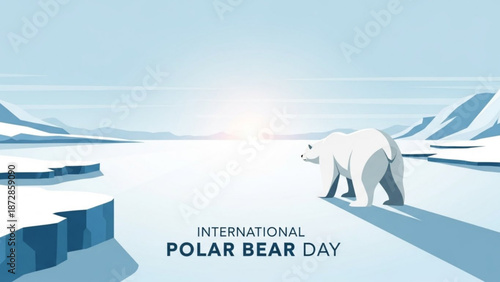 Polar bear walking on arctic ice landscape with mountains and sunrise international polar bear day with wildlife and climate change and conservation