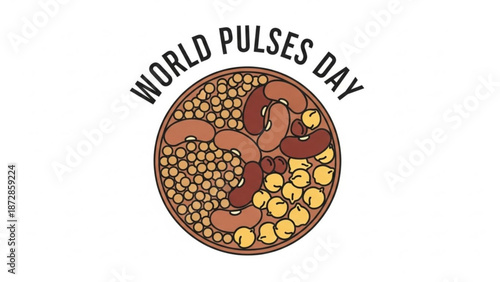 World pulses day celebration with assorted beans and legumes in a bowl with healthy eating and vegetarian and vegan and nutrition and food and illustration