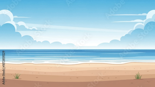 Coastal Serenity: A scenic coastal view with inviting sand and gentle waves extends towards the horizon, framed by a soft, cloud-filled sky, creating a sense of peace.