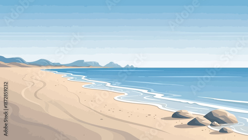 Coastal Tranquility: An artistic impression of a serene beach, where the rhythmic dance of waves gently caresses the sandy shore, framed by the boundless expanse of the clear blue sky.