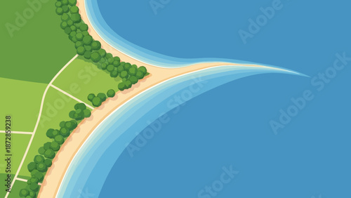 Coastal Serenity: An eye-level aerial perspective unveils a serene coastline, where sandy shores meet the vastness of the sea, embraced by a rich tapestry of emerald foliage.