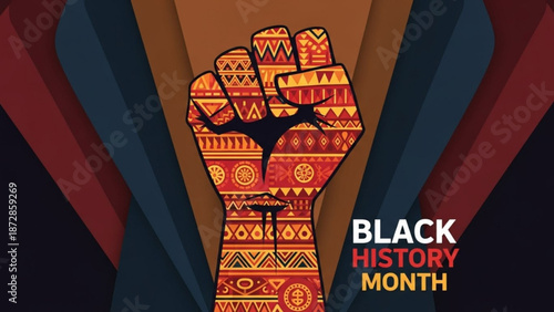 Vibrant african american cultural symbol raised fist with traditional patterns and black history month text with Empowerment and Diversity and Inclusion
