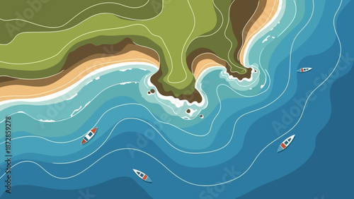 Coastal Serenity: An eye-level view, overlooking tranquil blue ocean meeting a beautiful coastline. Illustrating harmony and peace in the landscape.