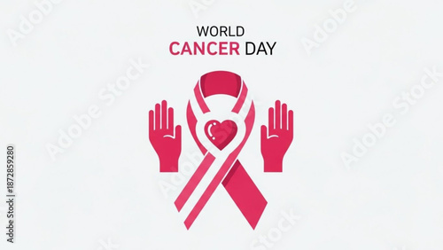 World cancer day awareness symbol with pink ribbon hands heart with cancer awareness and health and medical and support and hope and illness