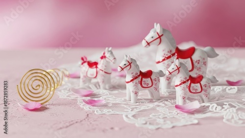 Delightful white horse figurines on lace