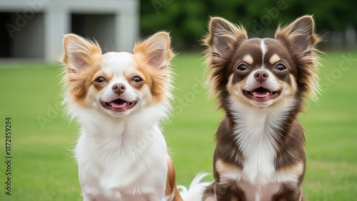 Two chihuahuas sitting in a park