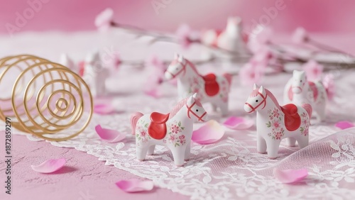 Delicate unicorn figurines on lace