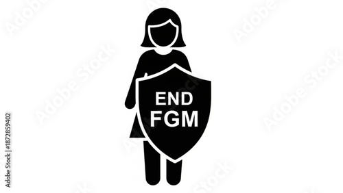 Female empowerment symbol holding shield with end fgm message against female genital mutilation with equality and rights and awareness and woman