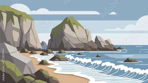 Coastal Serenity: A scenic coastal view with rocky formations and the soothing rhythm of waves gently kissing the shore, captured in a stylized and captivating illustration.
