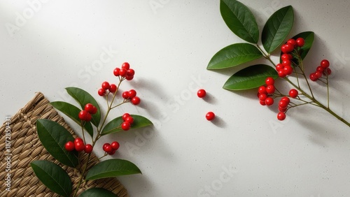 Bright red berries on green leaves with woven basket
