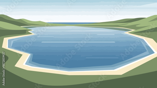 Serene Lake Landscape: A tranquil illustration showcases a picturesque lake nestled amidst rolling green hills under a bright blue sky, the scene radiates peace and beauty.