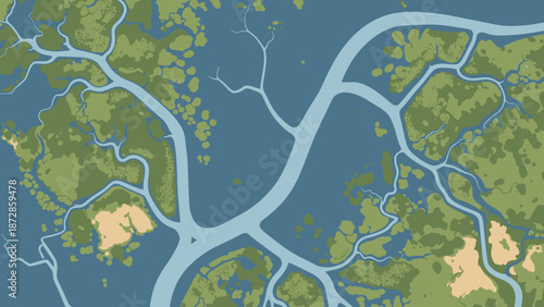 Aerial View of River Delta System: An abstract aerial perspective showcases an intricate river delta, with meandering waterways converging into a sprawling network and vibrant green islands. 