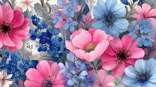 Vibrant pink and blue floral arrangement with delicate petals.