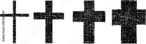 Religion Crosses set. Rough edges end textured surface. Christian crosses collection from tiny to bold. Vector