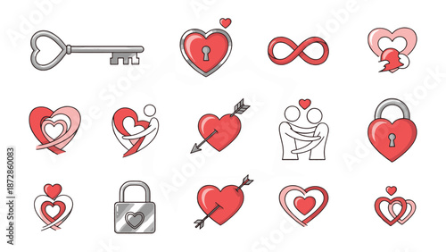 Collection of Romantic Vector Icons Featuring Hearts Key Lock Infinity Symbol and Cupid Arrow