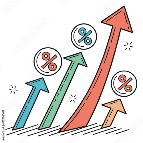 Colorful arrows with percentage signs indicating growth direction