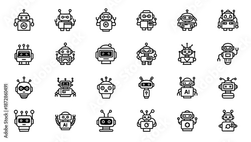 Collection of Simple Robot Icons in Grid.