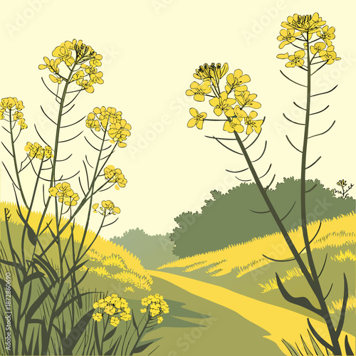 Yellow mustard blooms on a green hillside landscape