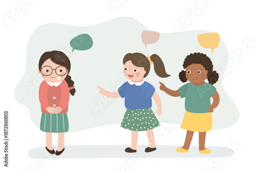 Unhappy child is crying because two children are bullying her, girl is being bullied, bullying concept. Multiethnic kids bully friend, bad behavior.
