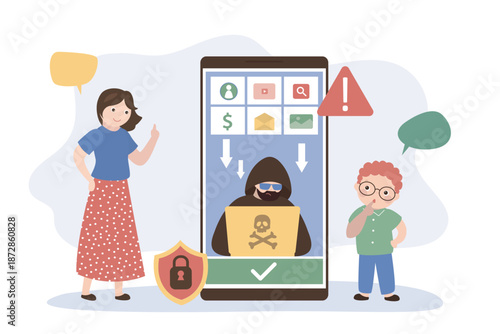 Kids internet control. Mother talking and learning child about safety surfing web on mobile phone. Safe internet connection for kids.