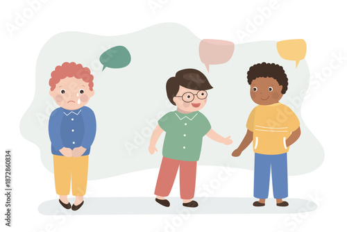 Boys gossiping about the schoolmate. Teenage bullying behavior concept. School relationships, classmates. Best friends.