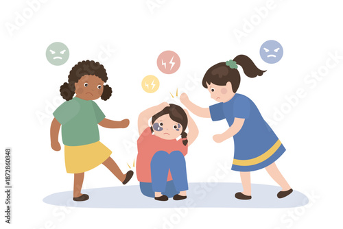 Girls fighting. Domestic violence scene. School girls bully and beating kid. Unhappy crying girl sitting on floor. Multi ethnic female characters bully a classmate