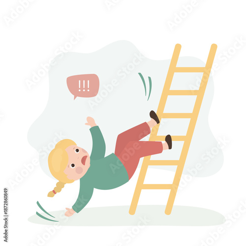 Little child in danger situation. Cute girl falls down stairs. Female character falling down suffering from injury and pain, design isolated on white background.
