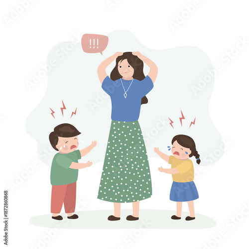 Tantrums in young children. Crying children and unhappy mom with negative emotions. Family problems. Psychological difficulties in communicating with children.