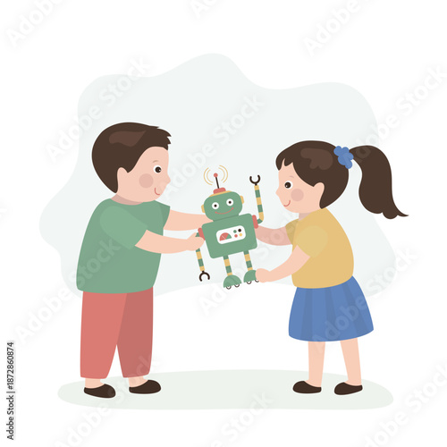 Happy girl and boy talking, play with robot. Friends play with one shared robot toy. Childhood, imagination, preschool games. Cute preschooler characters.