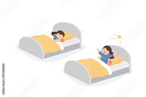Child is sleeping, girl child has woken up. Small kid is lying in bed, time to sleep and wake up. Set of two designs isolated on a white background. Morning actions
