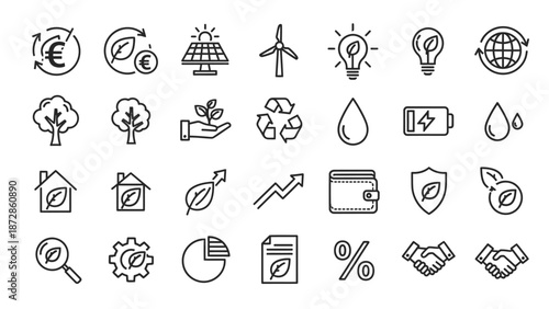 Collection of Simple Line Icons Representing Sustainability.