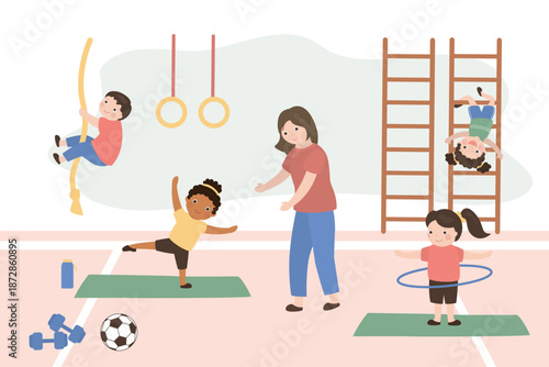 Physical education lesson at school, woman teacher and little students. Multi ethnic schoolboys and schoolgirls in uniform. Children enjoying playing sport games