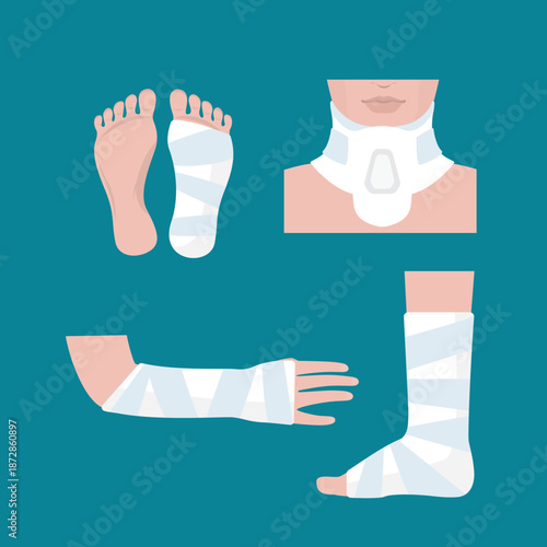 Plaster cast on leg, arm and neck, crutches, bondage on body. Injury, treatment and recovery concept. Rehabilitation after trauma. Collection of body parts with gypsum.